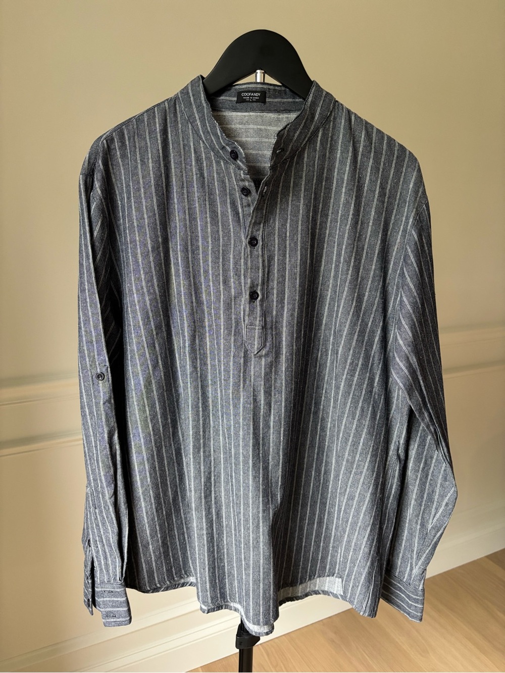 Men's Grey Striped Mandarin Collar Button-Down Shirt - Picture 7 of 7
